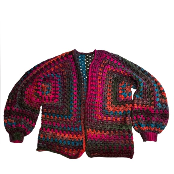 Sweaters - Handmade crochet knit hexagon multicolored cardigan Large